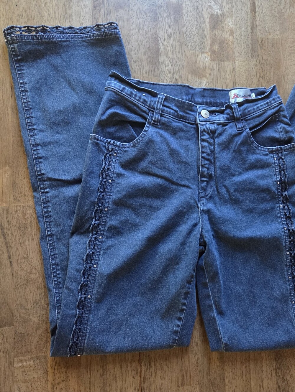 Straight Fit Dark Blue Jeans with Side Eyelet Lace Trim And Rhinestones